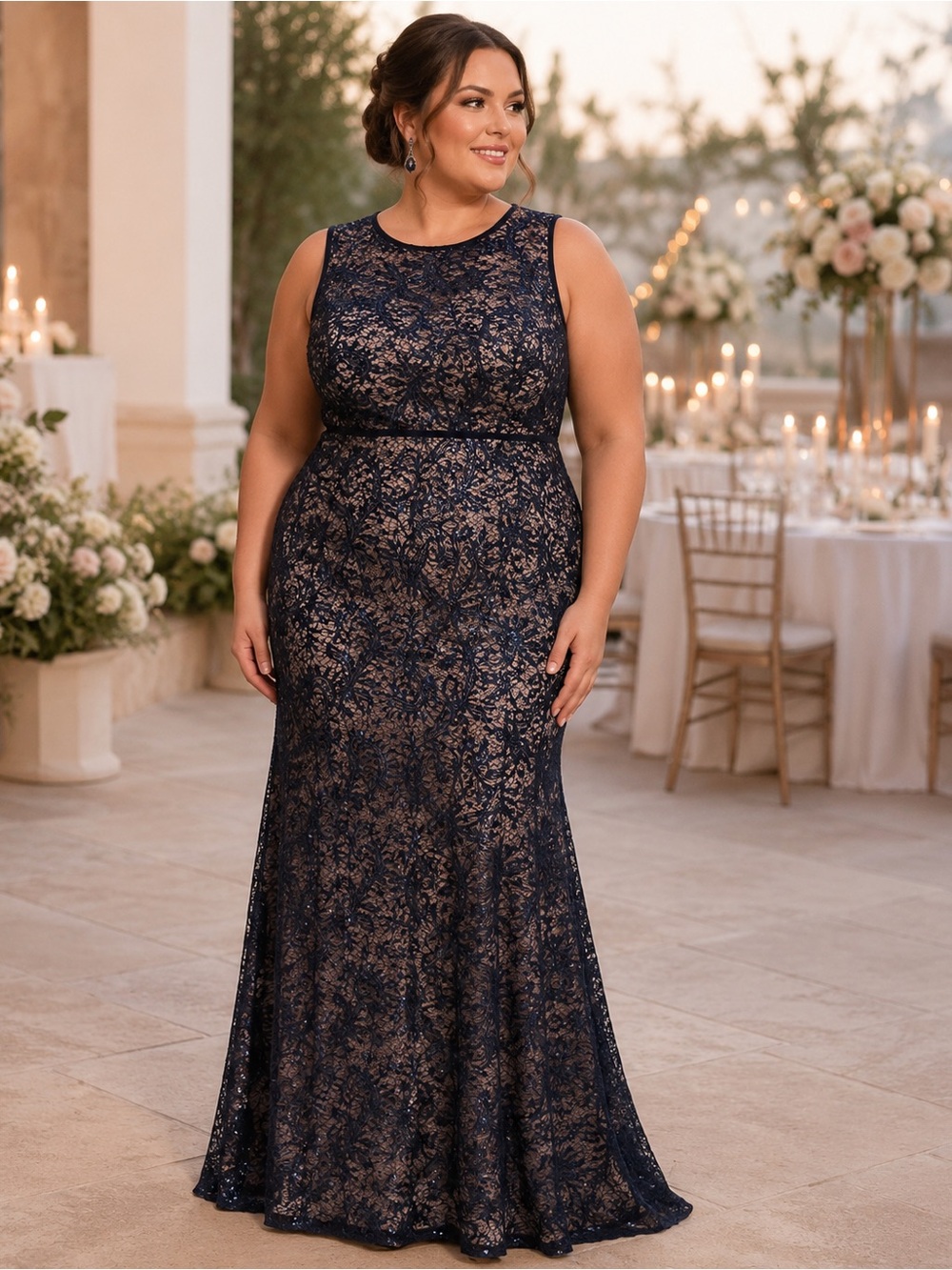 Plus Size Navy Lace Maxi Dress with Nude Lining